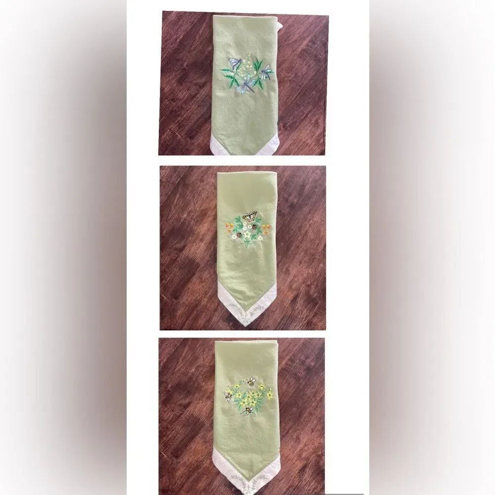 Upcycled Set of 3 Sage Cotton Floral Embroidered Napkins with Cream Trim